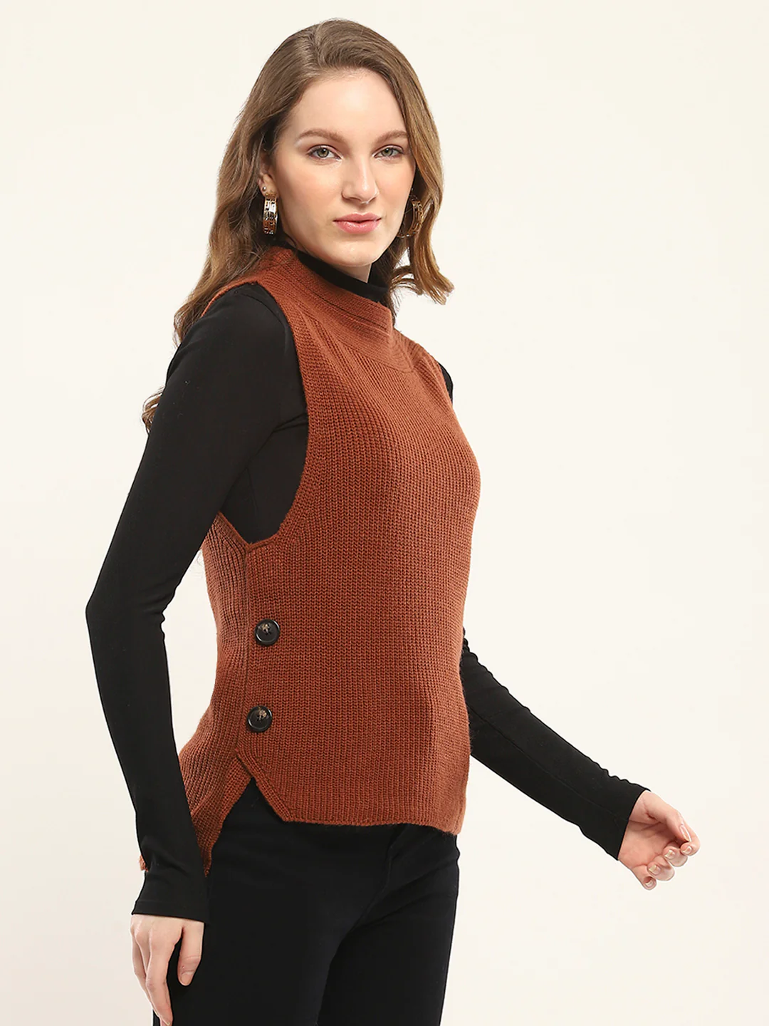 Women Rust Self Design Round Neck Sleeveless Winte Top - Image 5