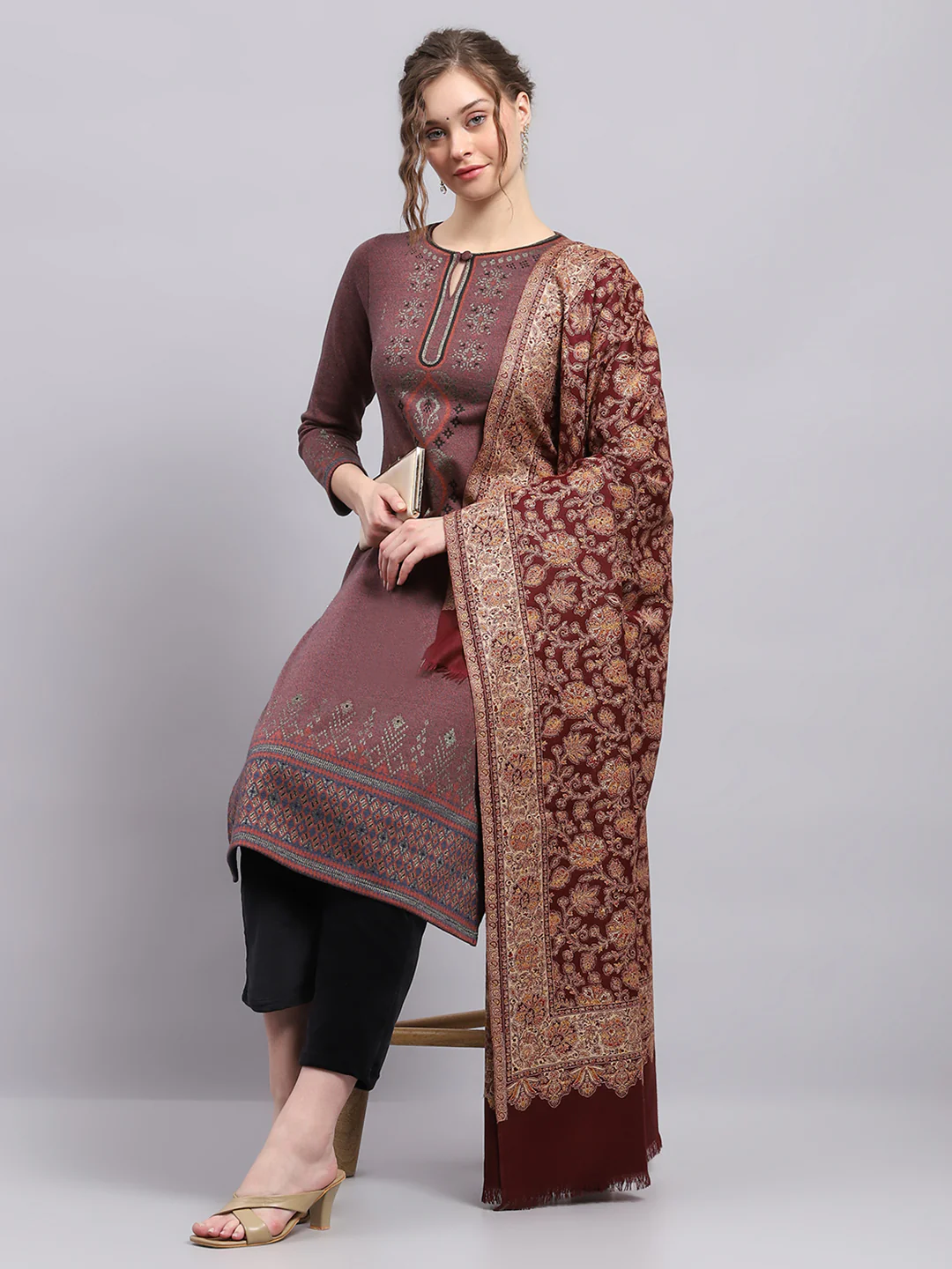 Women Rust Self Design Shawl - Image 5