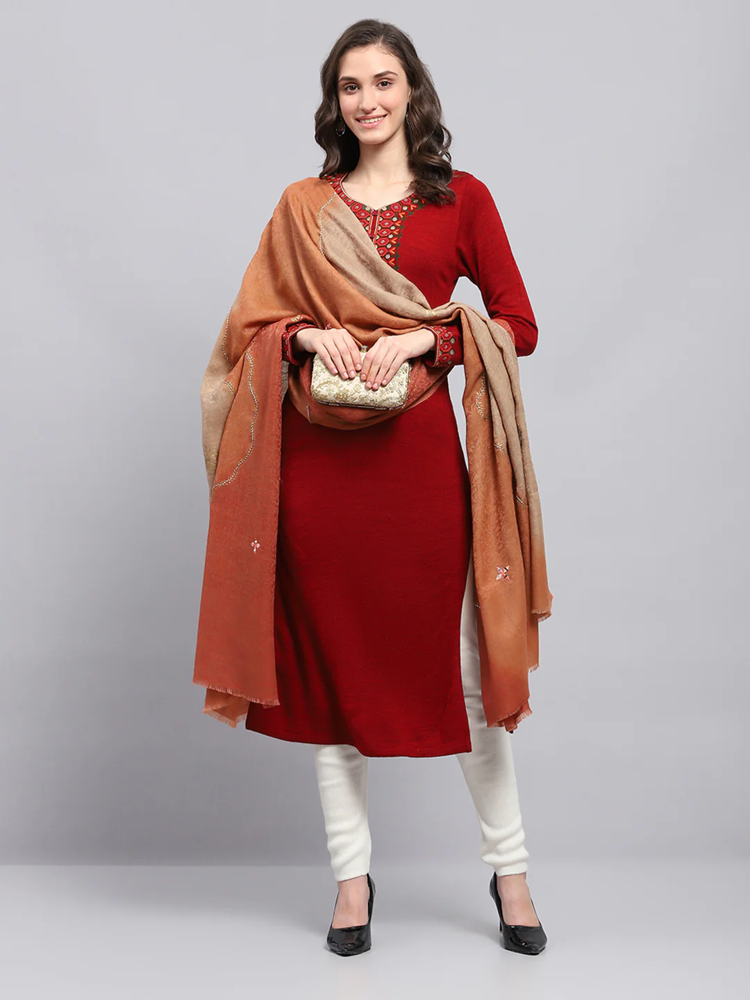 Women Rust Self Design Shawl - Image 5
