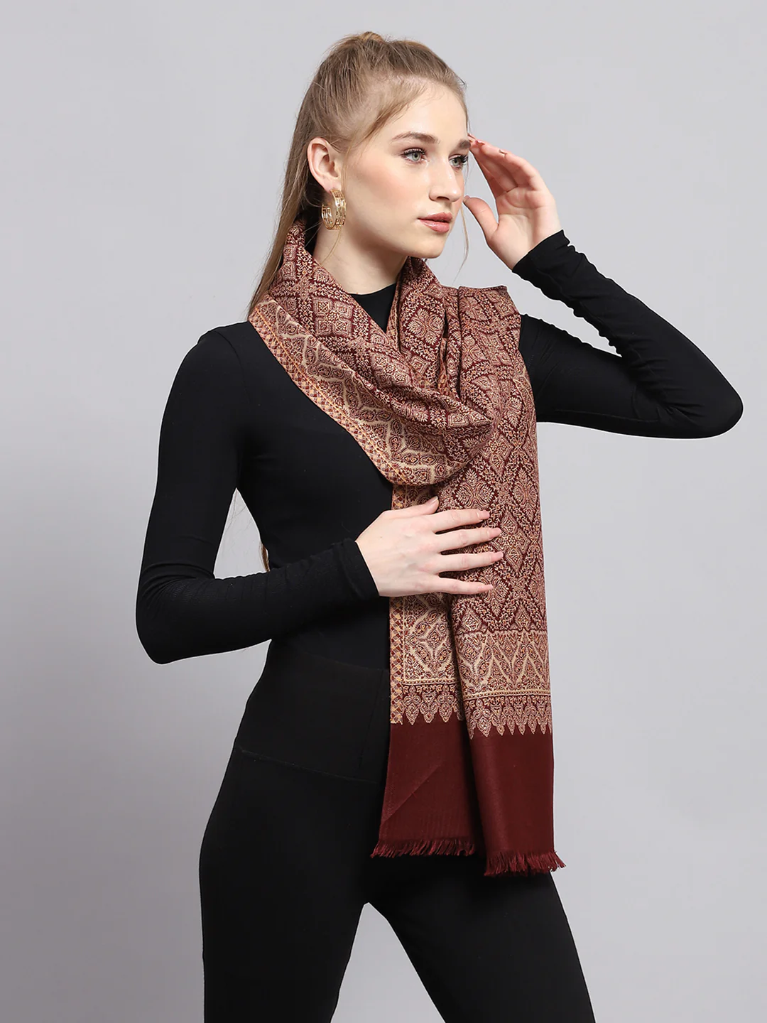 Women Rust Self Design Stole - Image 4