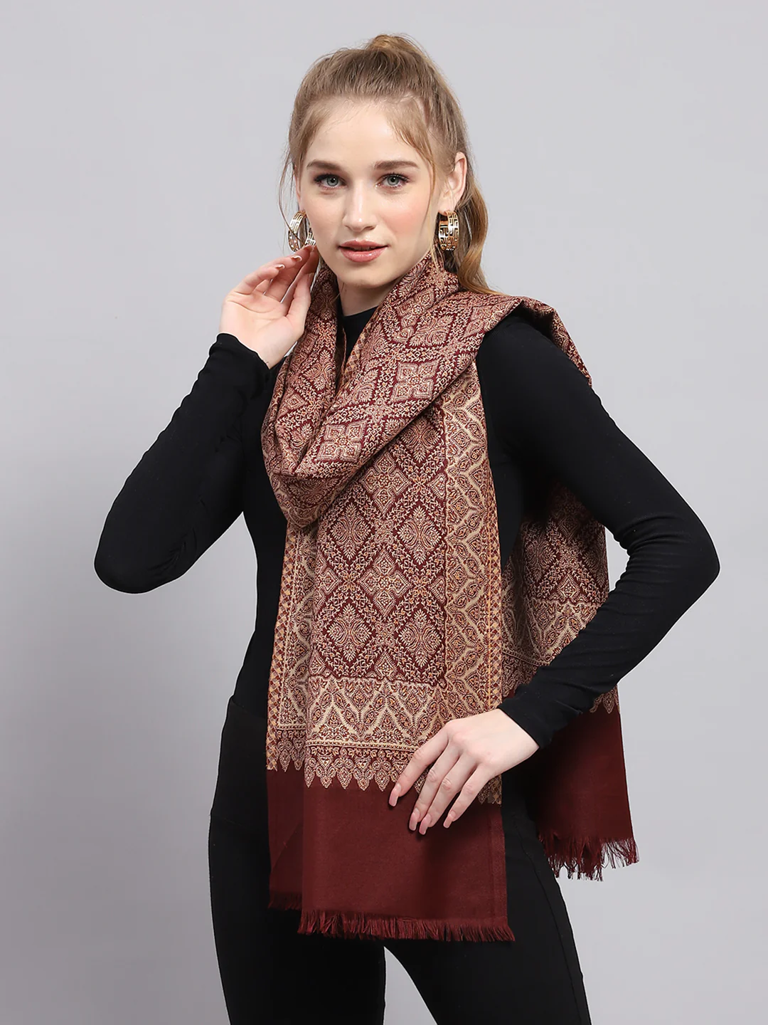 Women Rust Self Design Stole - Image 5