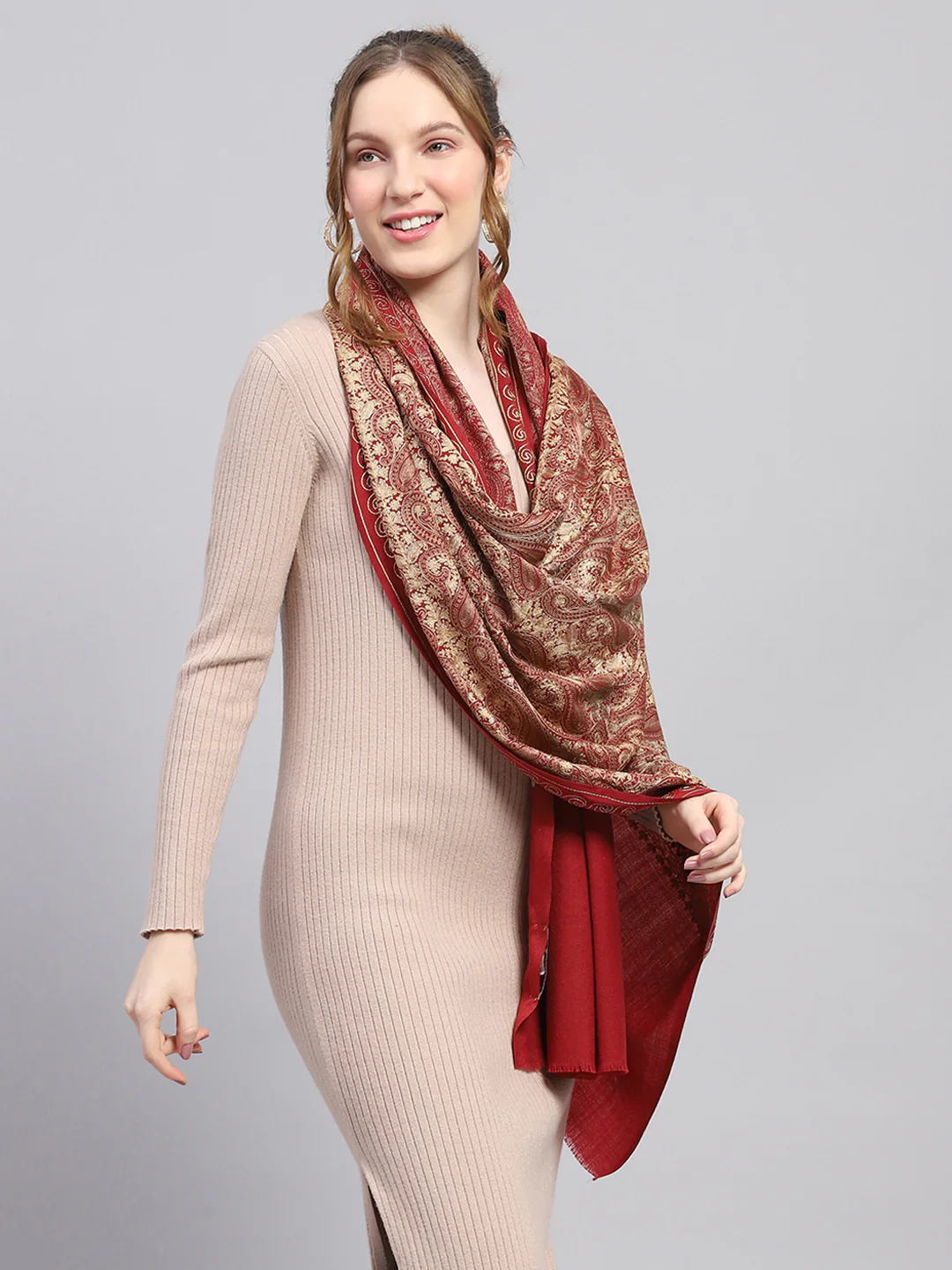Women Rust Self Design Stole - Image 4