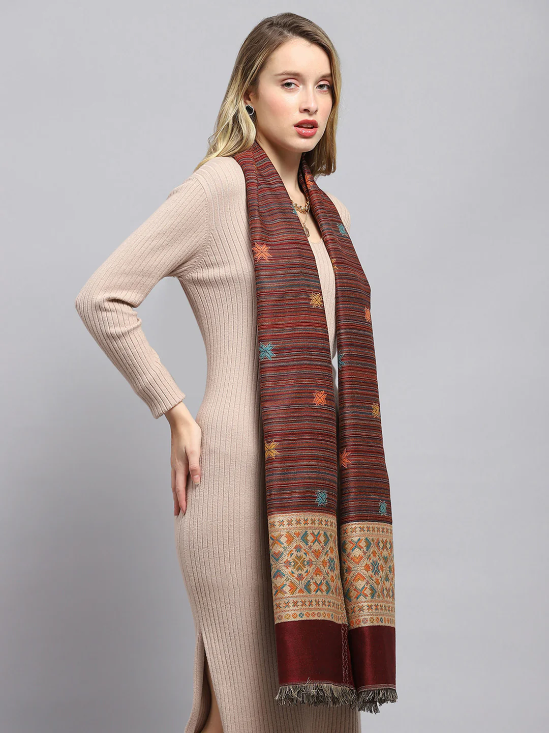 Women Rust Self Design Stole - Image 5