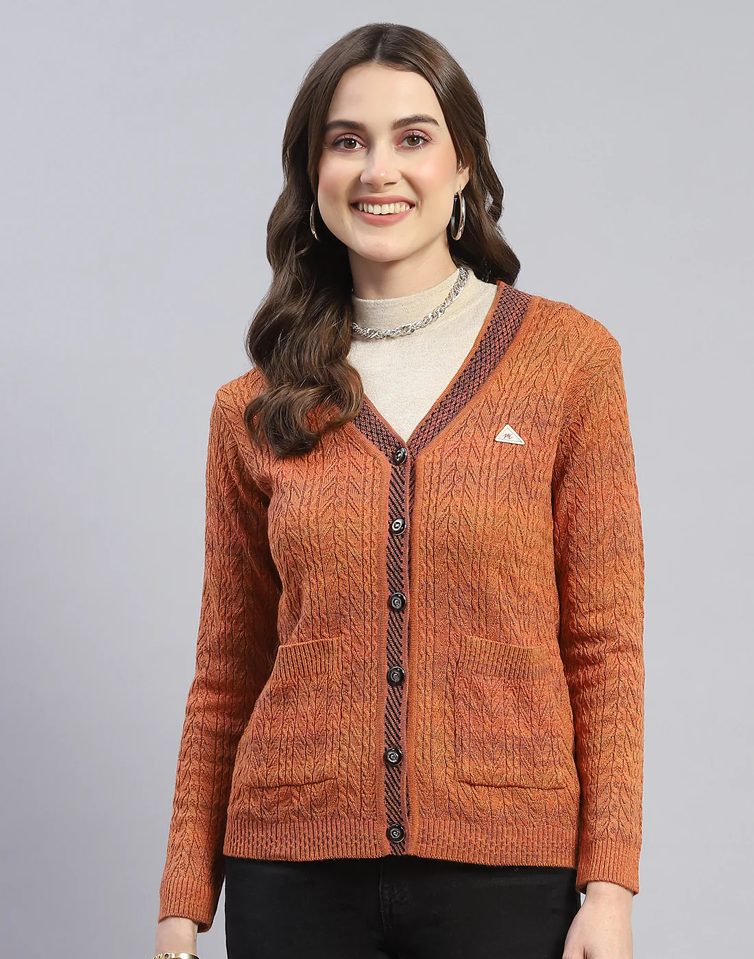 Women Rust Self Design V Neck Full Sleeve Cardigan - Image 2