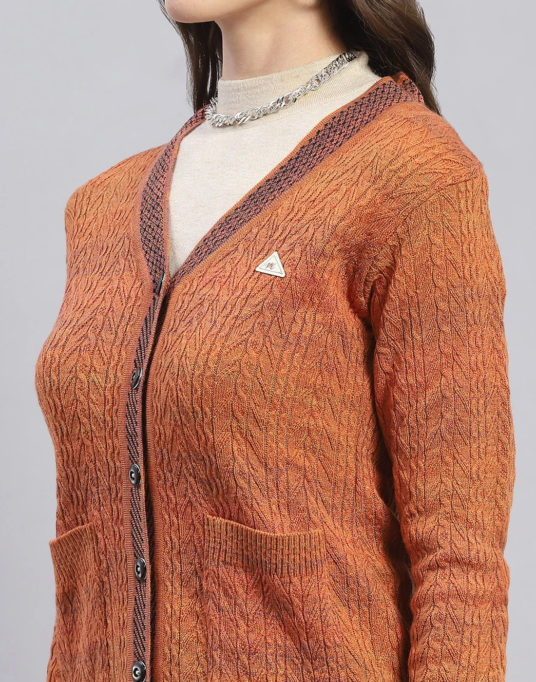 Women Rust Self Design V Neck Full Sleeve Cardigan - Image 7