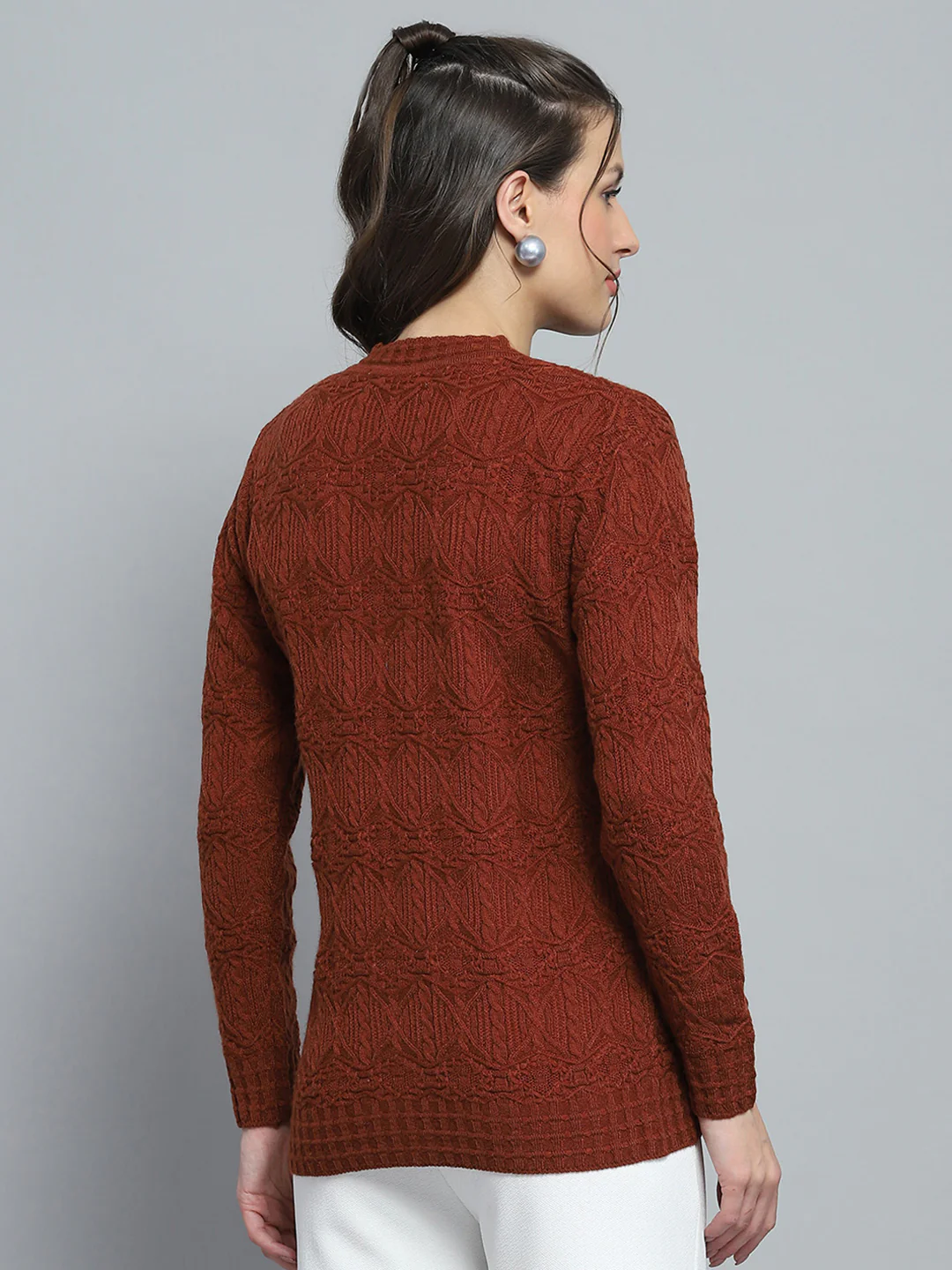 Women Rust Self Design V Neck Full Sleeve Cardigan - Image 5