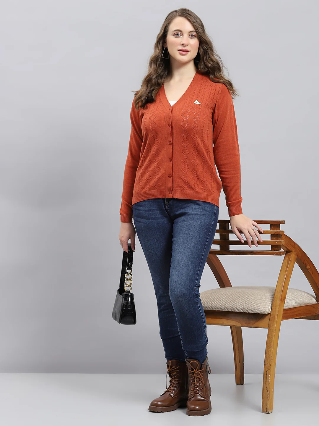 Women Rust Self Design V Neck Full Sleeve Cardigan - Image 2