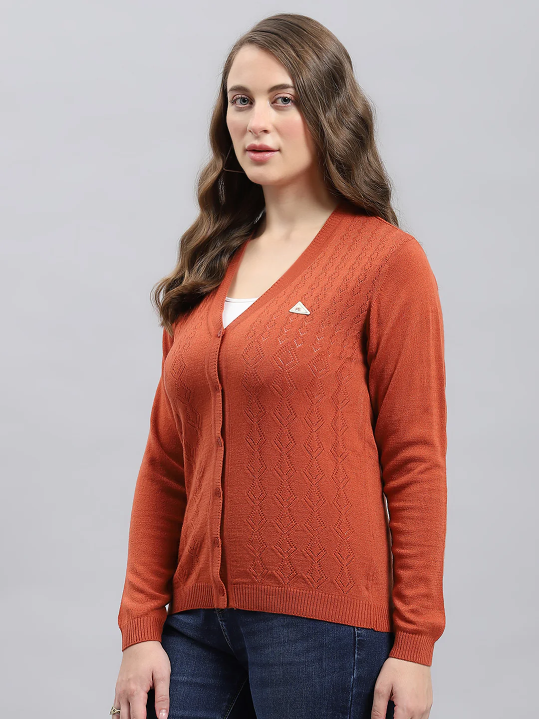 Women Rust Self Design V Neck Full Sleeve Cardigan - Image 3
