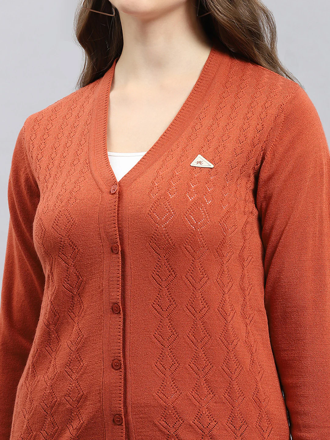 Women Rust Self Design V Neck Full Sleeve Cardigan - Image 6