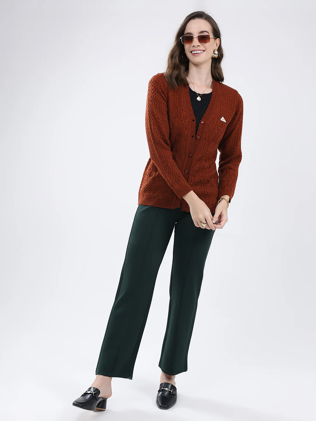 Women Rust Self Design V Neck Full Sleeve Cardigan - Image 2