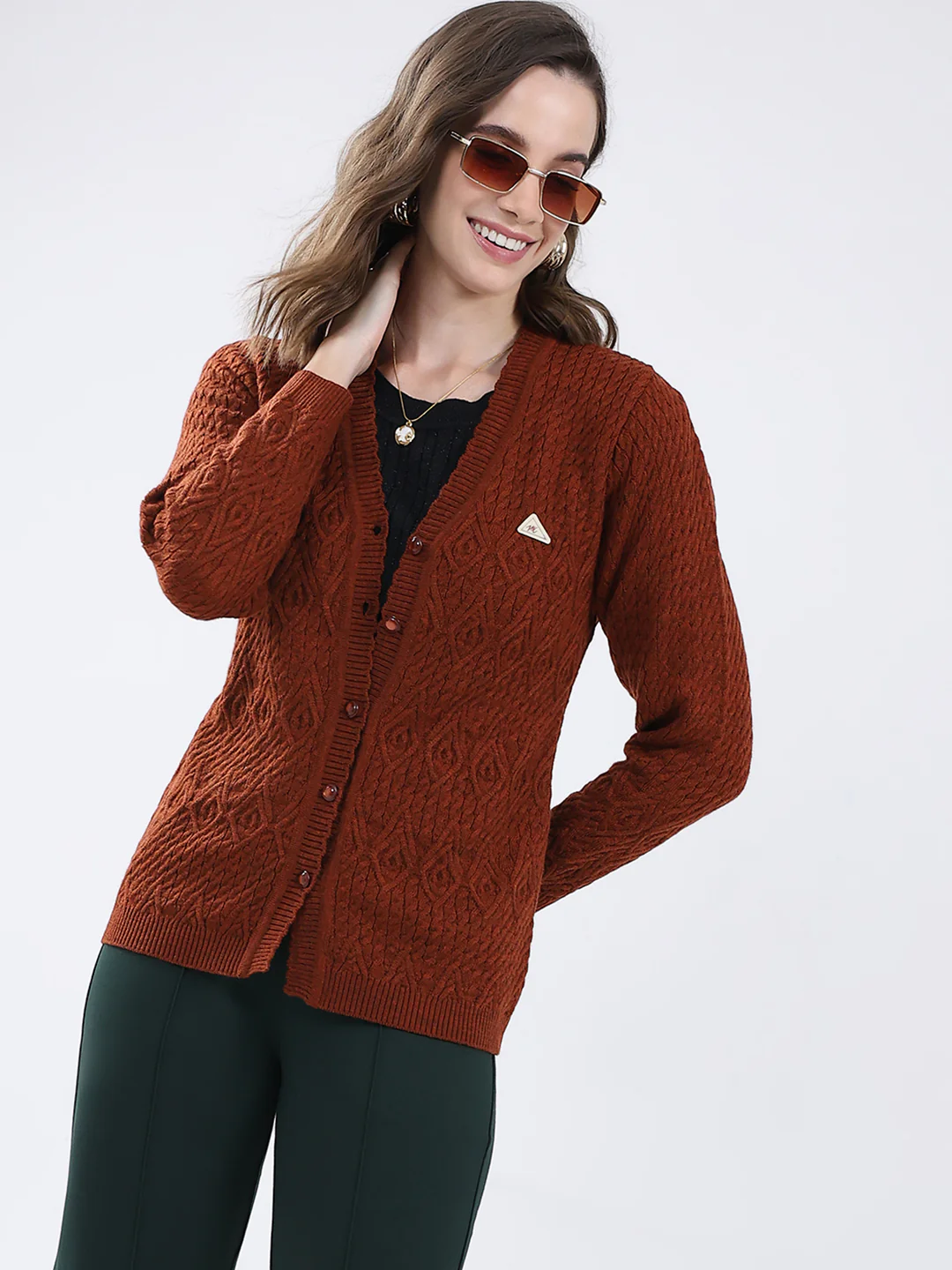 Women Rust Self Design V Neck Full Sleeve Cardigan - Image 6