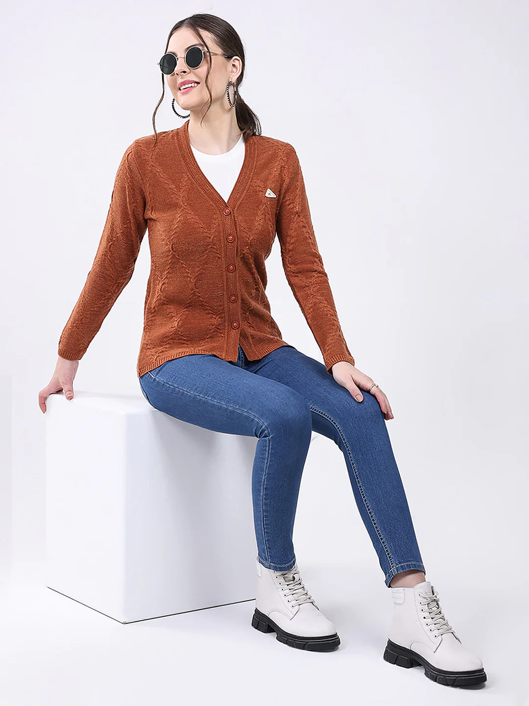 Women Rust Self Design V Neck Full Sleeve Cardigan - Image 2