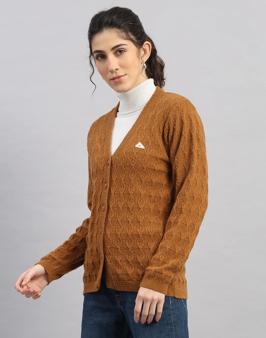 Women Rust Self Design V Neck Full Sleeve Cardigan - Image 2