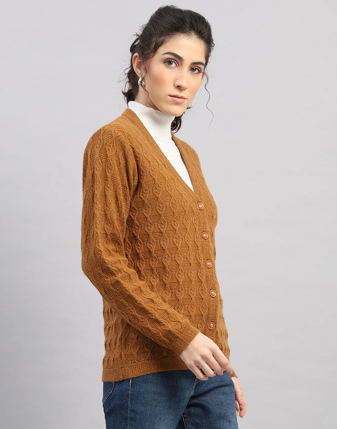 Women Rust Self Design V Neck Full Sleeve Cardigan - Image 3
