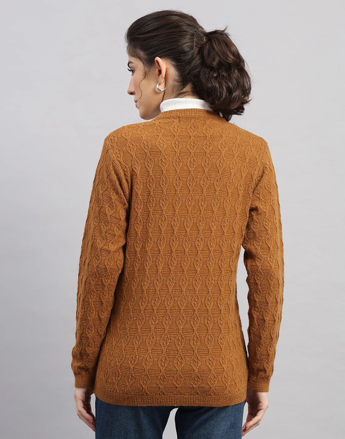 Women Rust Self Design V Neck Full Sleeve Cardigan - Image 4