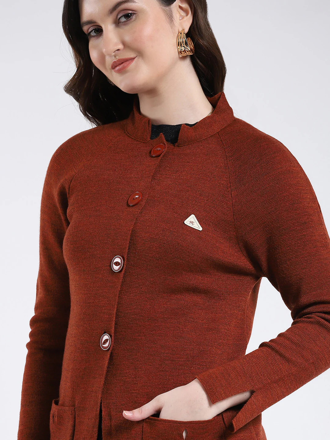 Women Rust Solid Band Neck Full Sleeve Cardigan - Image 6