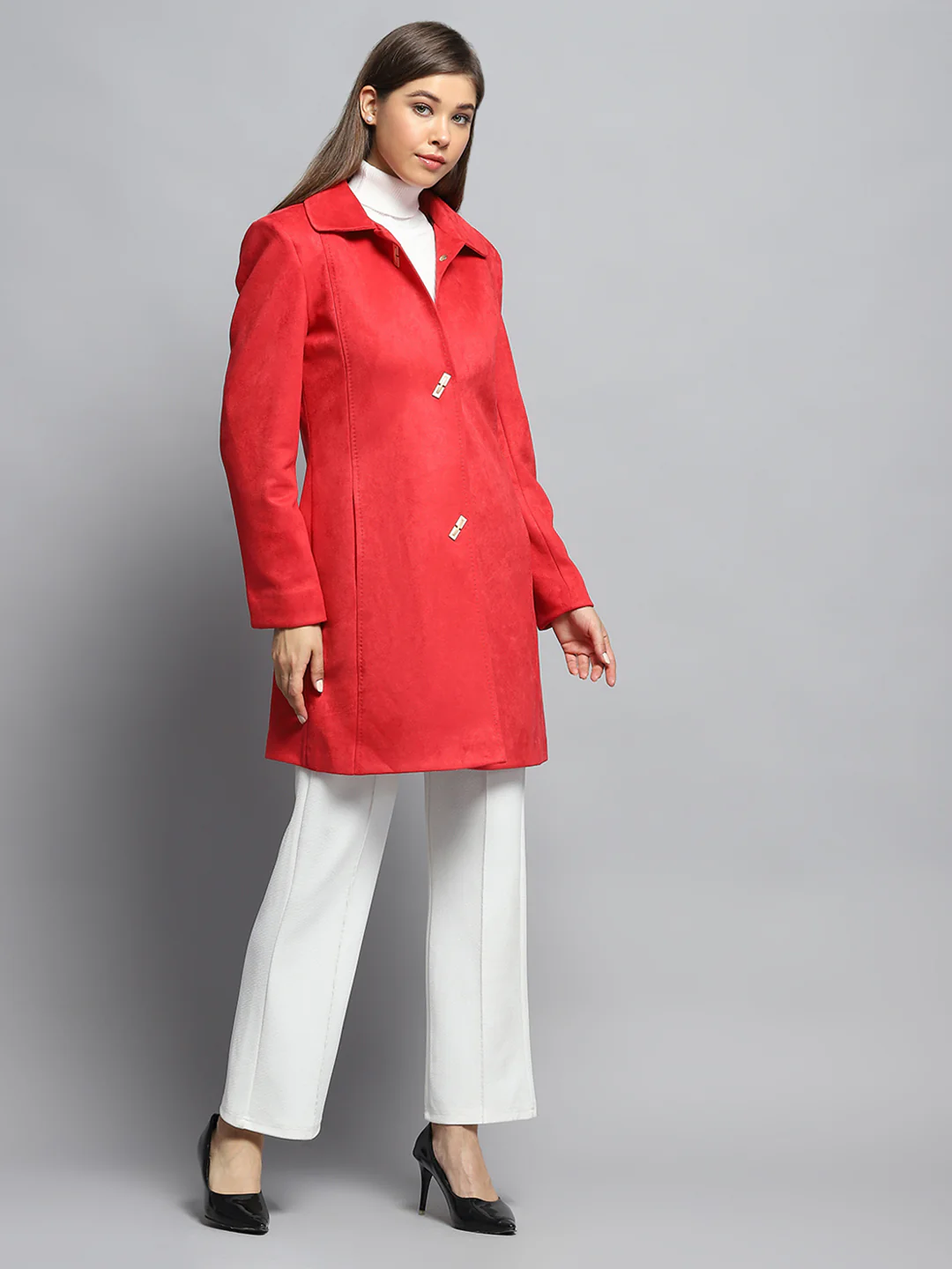Women Rust Solid Collar Full Sleeve Coat - Image 4