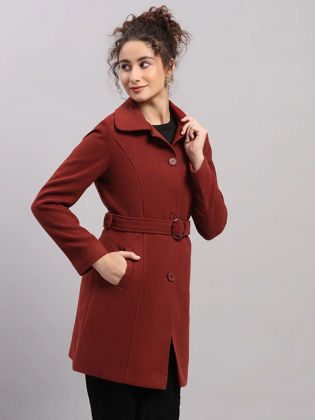 Women Rust Solid Collar Full Sleeve Coat - Image 4