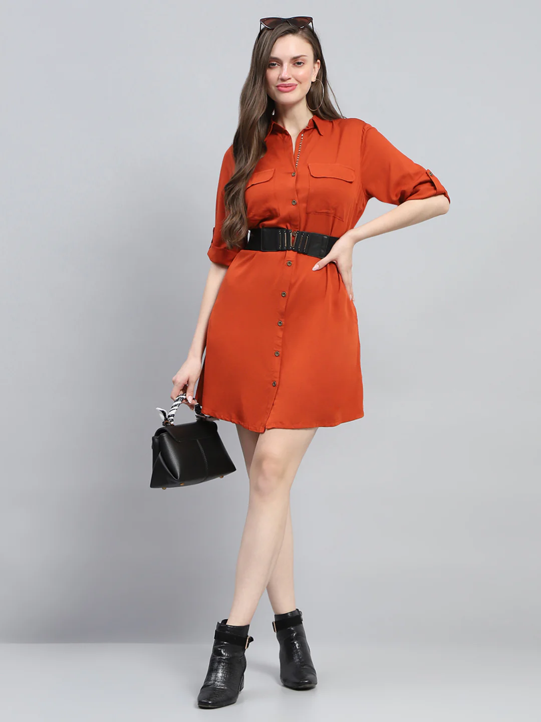 Women Rust Solid Collar 3/4th Sleeve Tunic - Image 2