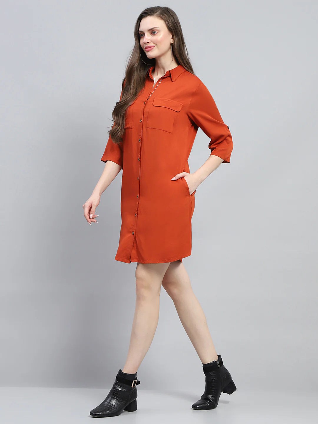 Women Rust Solid Collar 3/4th Sleeve Tunic - Image 3