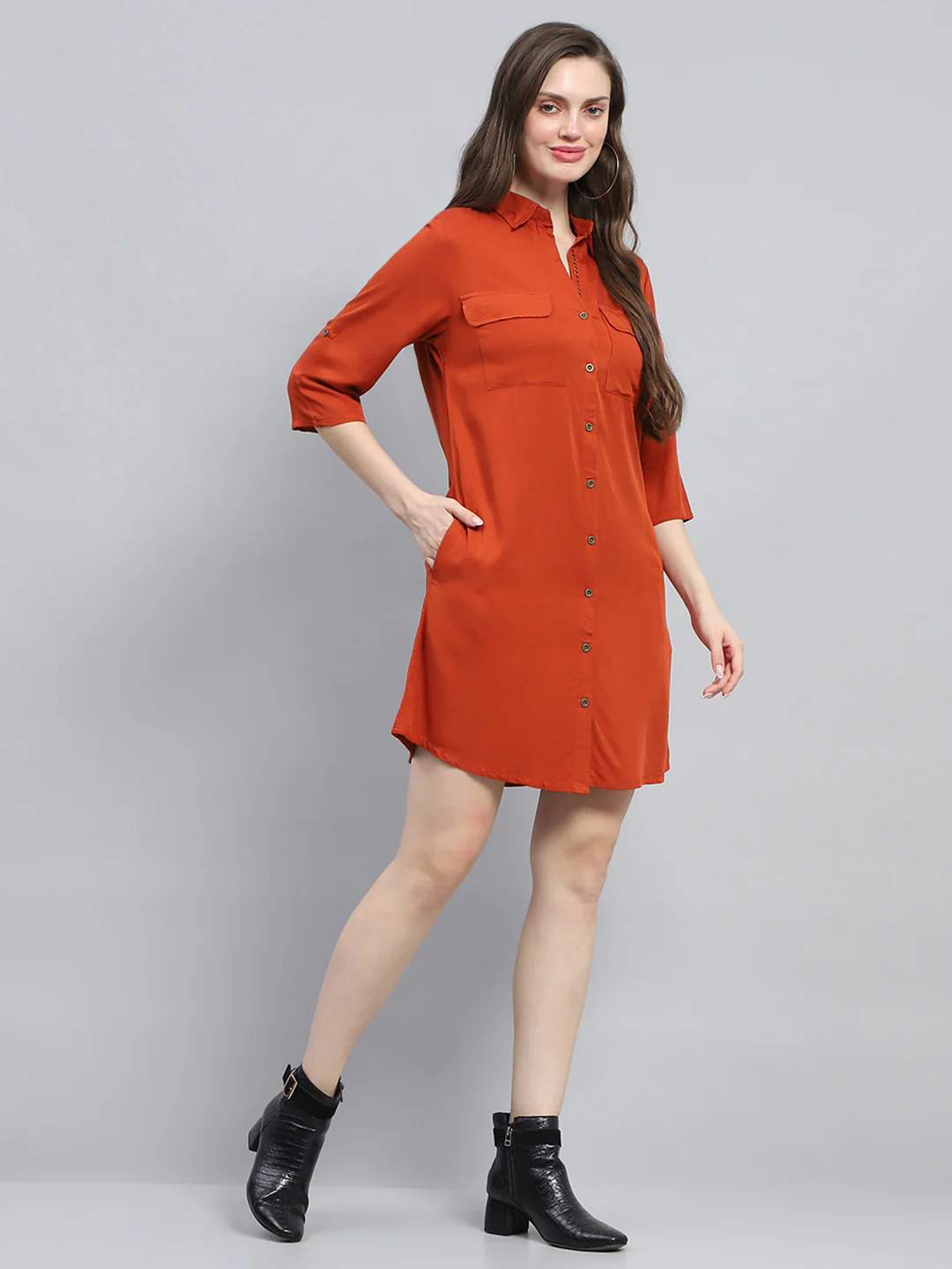 Women Rust Solid Collar 3/4th Sleeve Tunic - Image 4