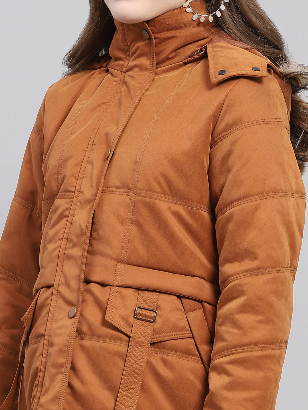 Women Rust Solid Detachable Hood Full Sleeve Jacket - Image 7