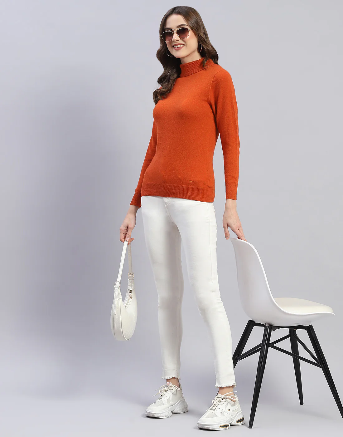 Women Rust Solid H Neck Full Sleeve Sweater - Image 2