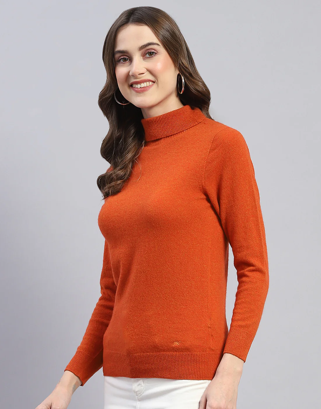 Women Rust Solid H Neck Full Sleeve Sweater - Image 3
