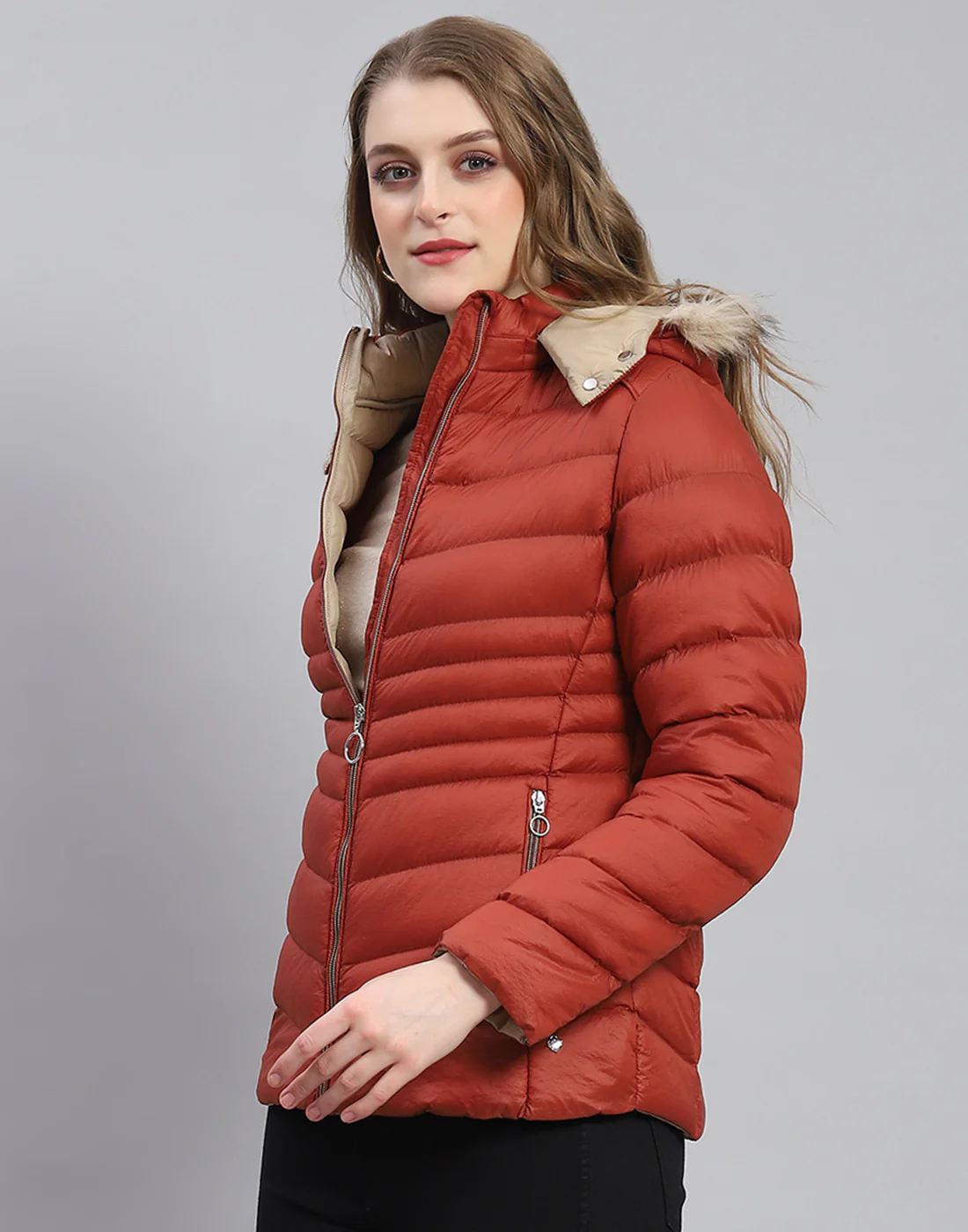 Women Rust Solid Hooded Full Sleeve Jacket - Image 3