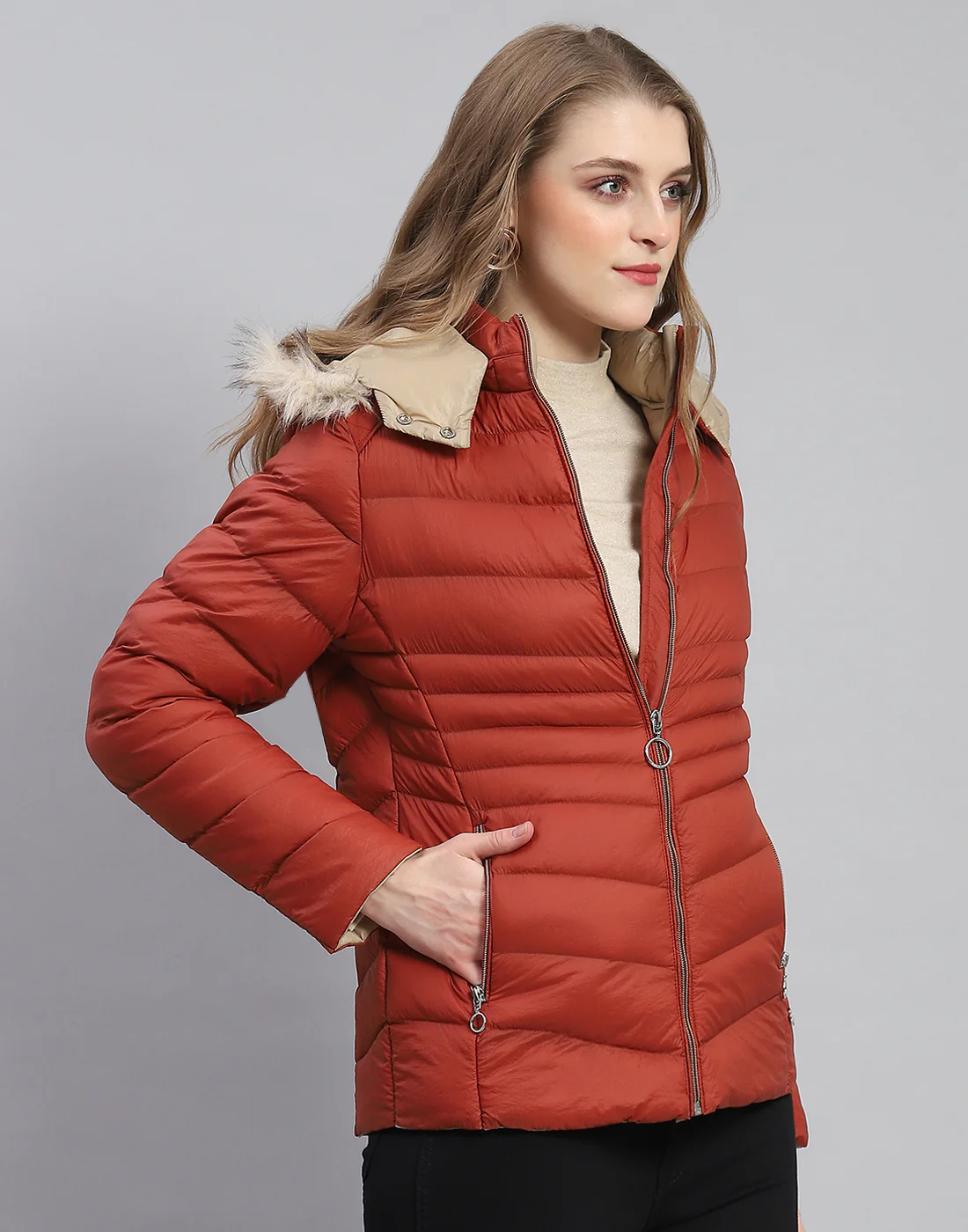 Women Rust Solid Hooded Full Sleeve Jacket - Image 4