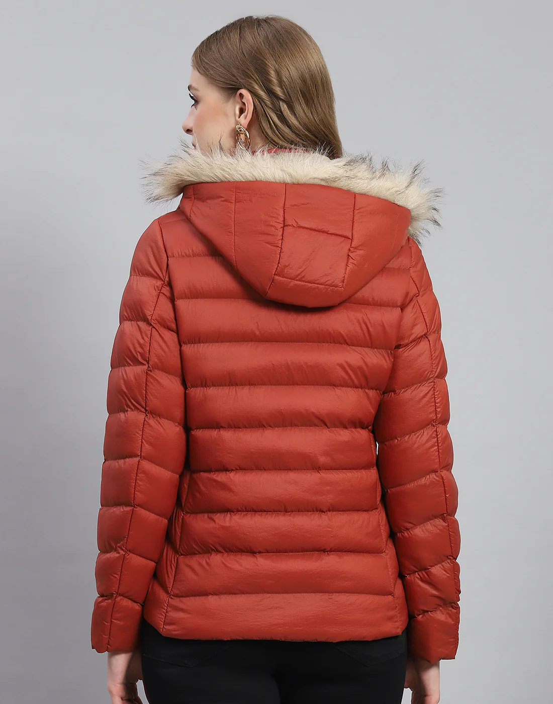 Women Rust Solid Hooded Full Sleeve Jacket - Image 5