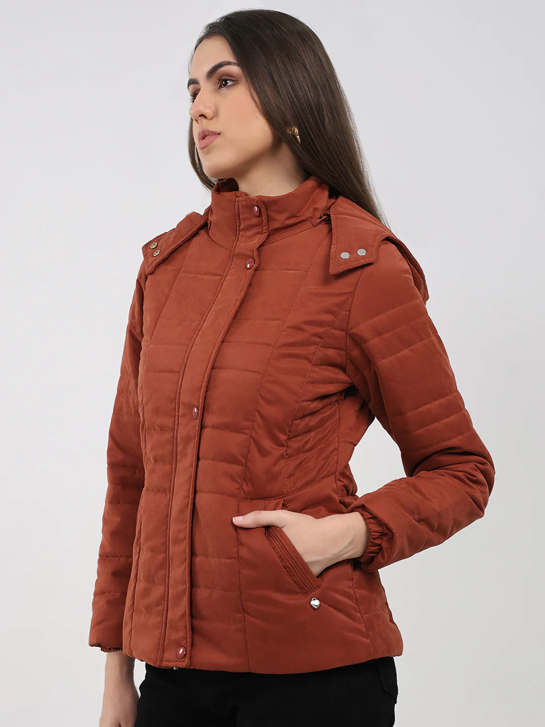 Women Rust Solid Hooded Full Sleeve Jacket - Image 3