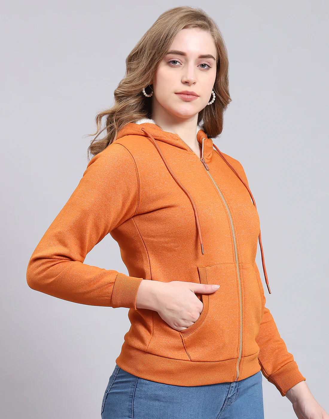 Women Rust Solid Hooded Full Sleeve Sweatshirt - Image 4