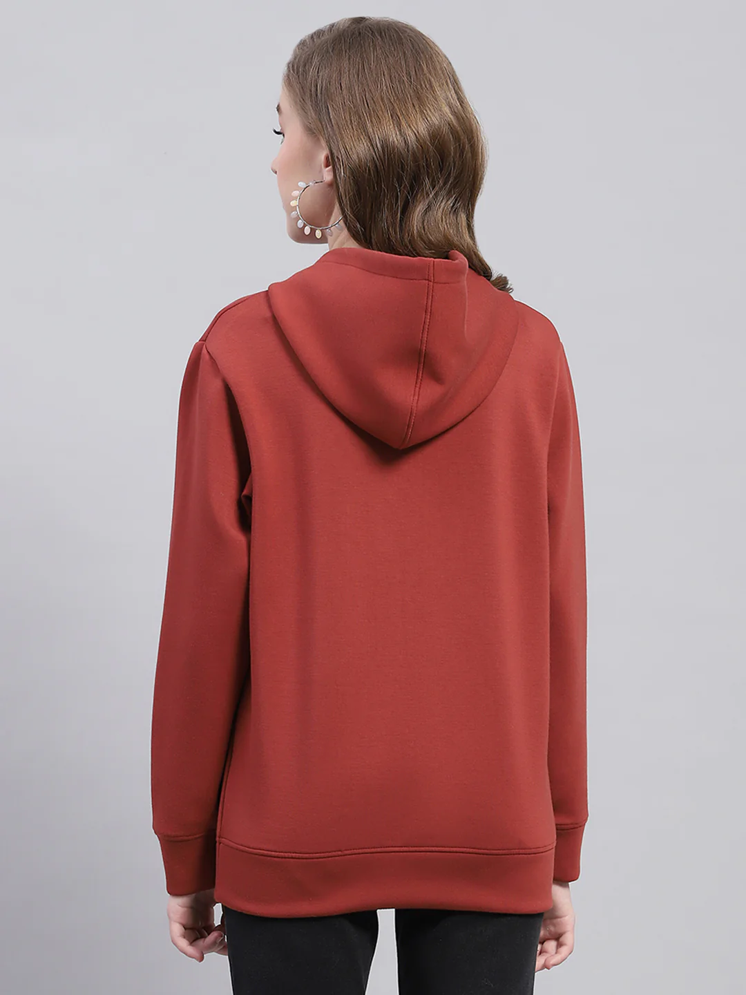 Women Rust Solid Hooded Full Sleeve Sweatshirt - Image 5