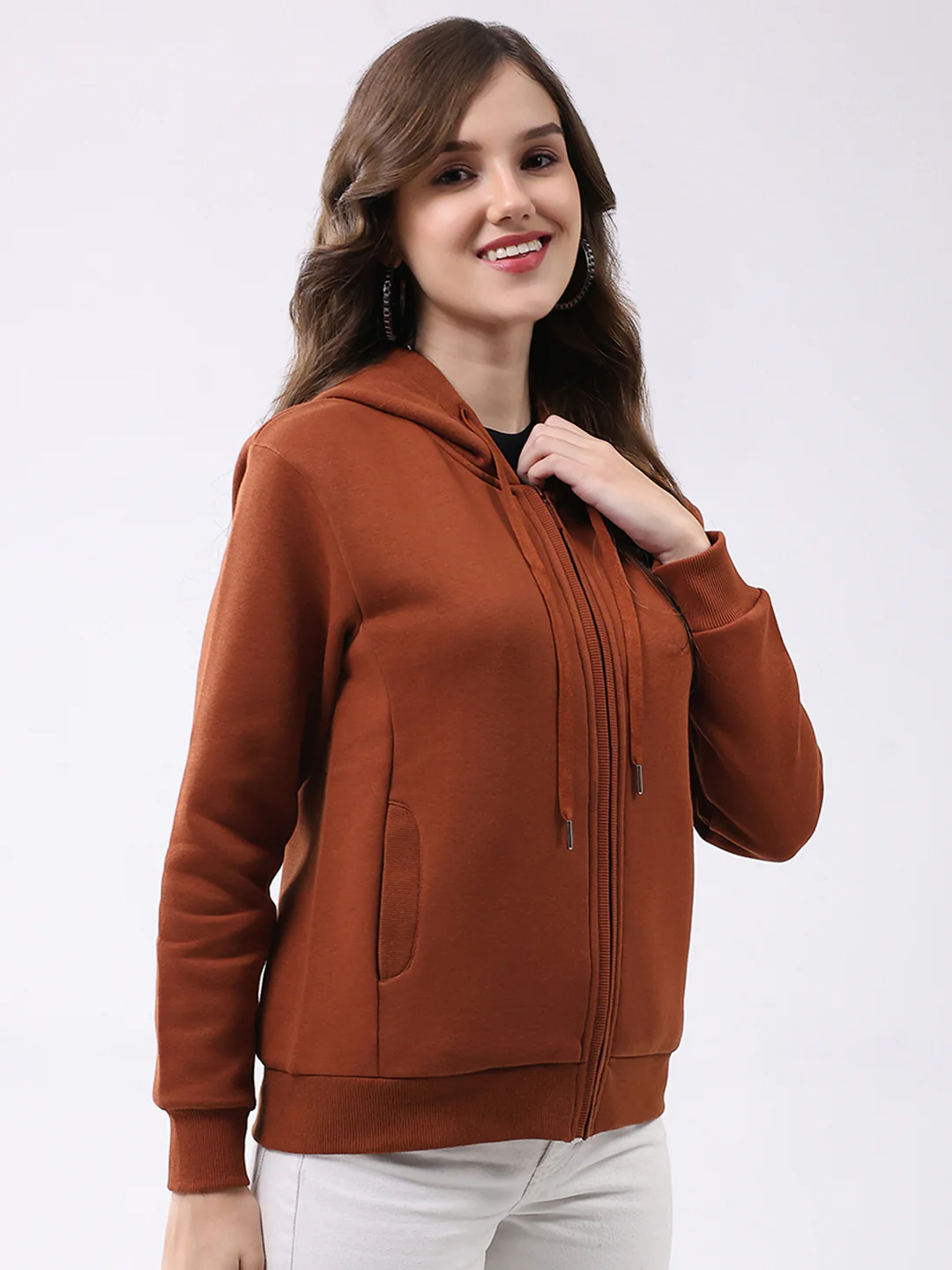 Women Rust Solid Hooded Full Sleeve Sweatshirt - Image 4