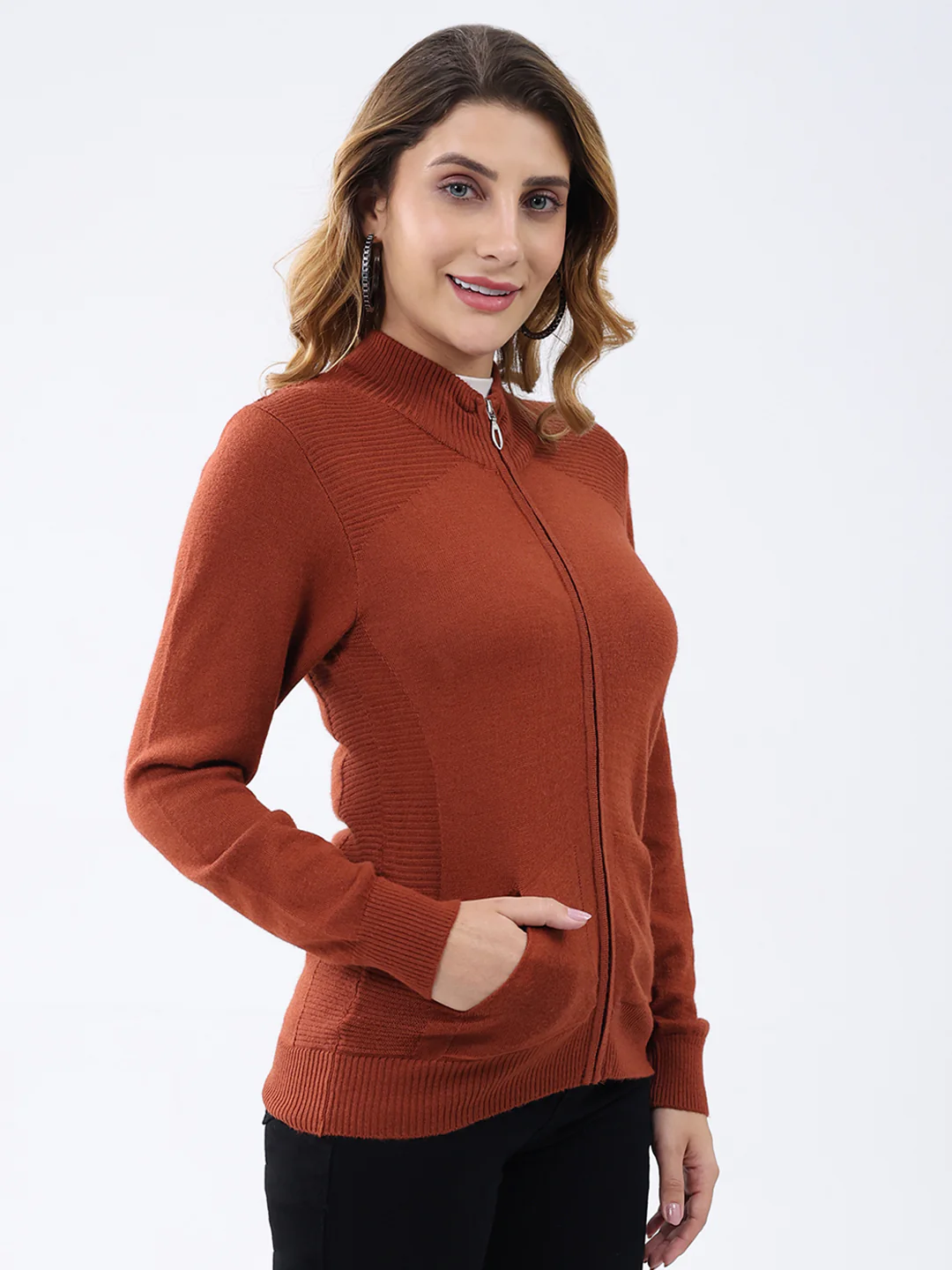 Women Rust Solid Mock Neck Full Sleeve Cardigan - Image 4