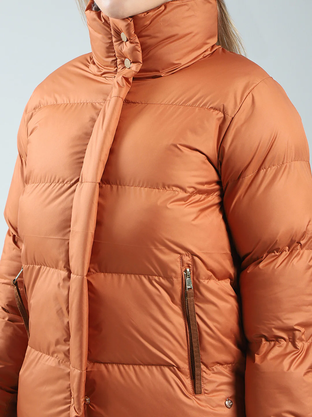 Women Rust Solid Mock Neck Full Sleeve Jacket - Image 7