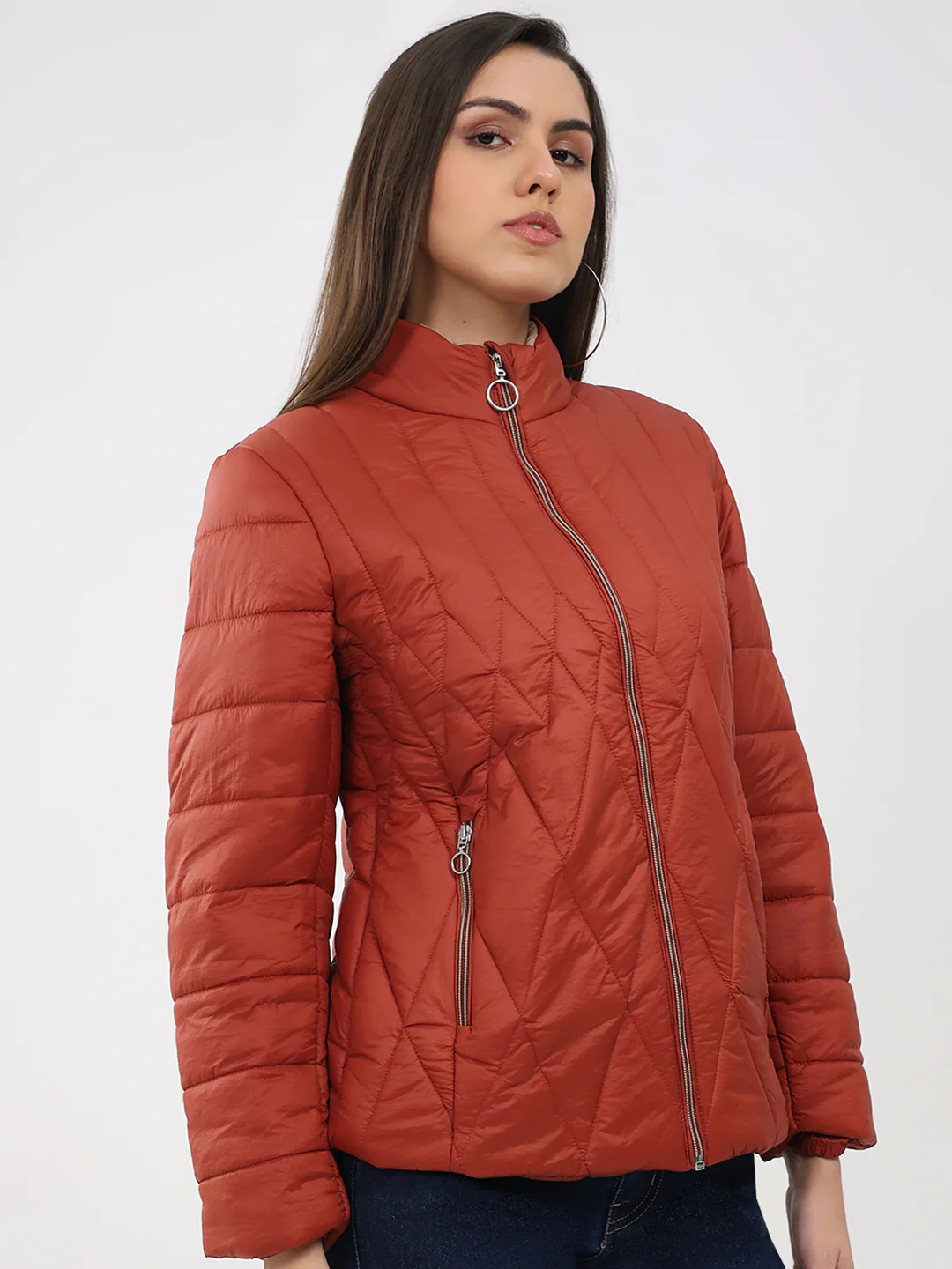 Women Rust Solid Mock Neck Full Sleeve Jacket - Image 4