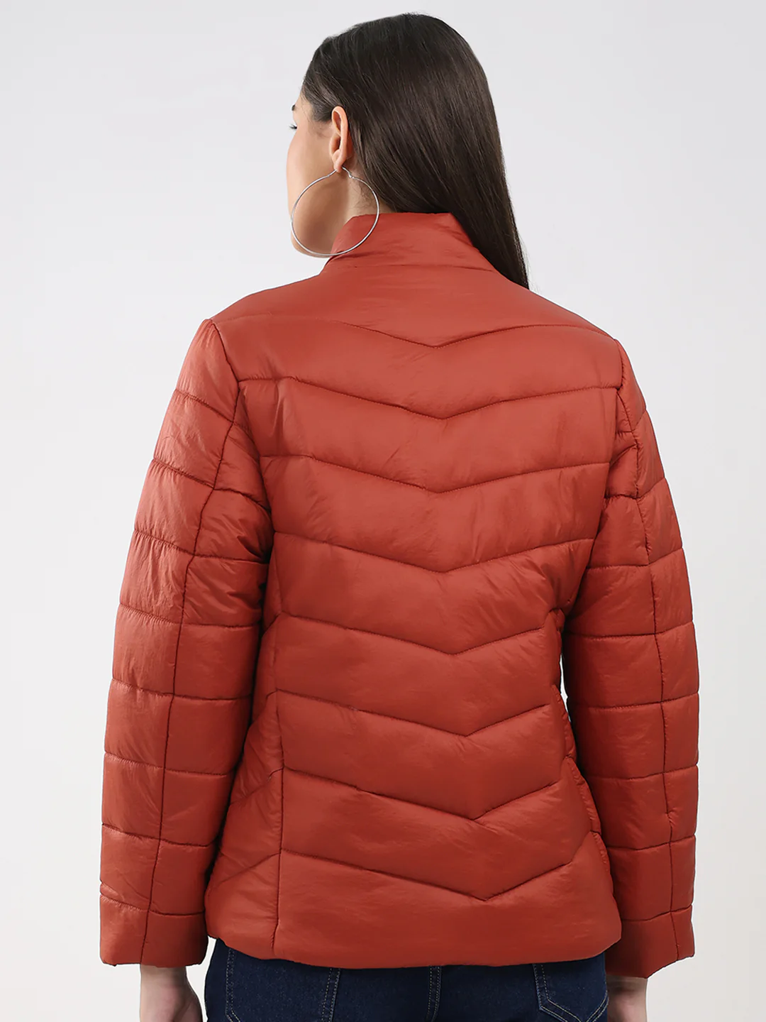 Women Rust Solid Mock Neck Full Sleeve Jacket - Image 5