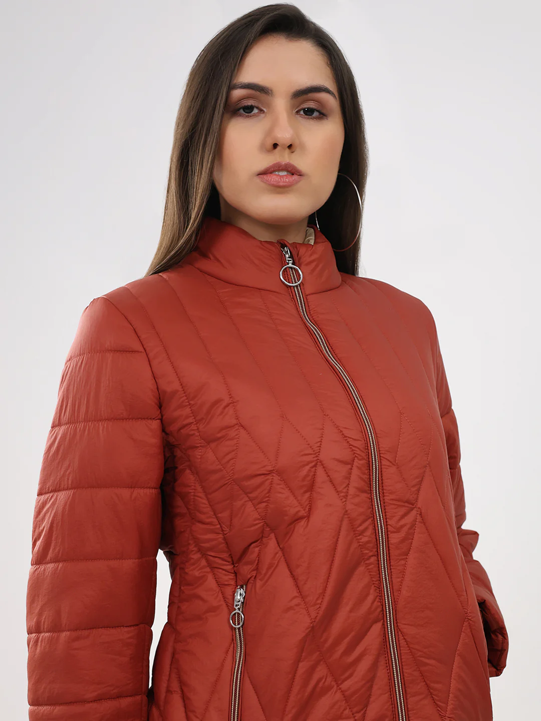 Women Rust Solid Mock Neck Full Sleeve Jacket - Image 6