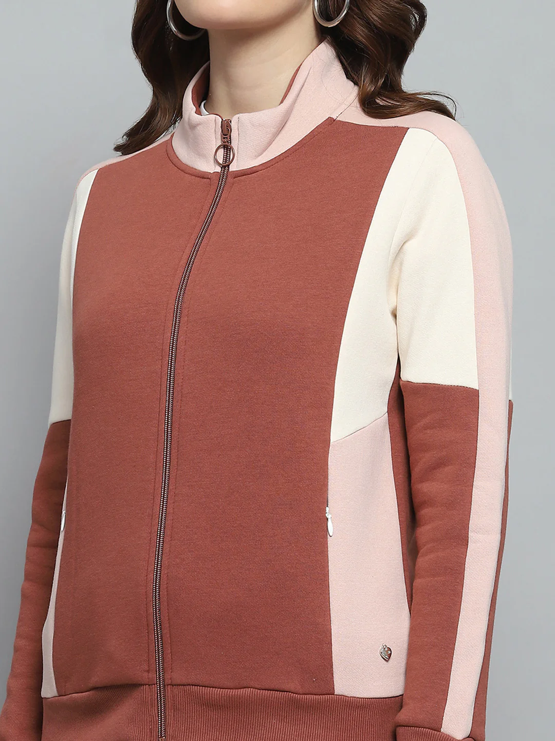Women Rust Solid Mock Neck Full Sleeve Tracksuit - Image 6