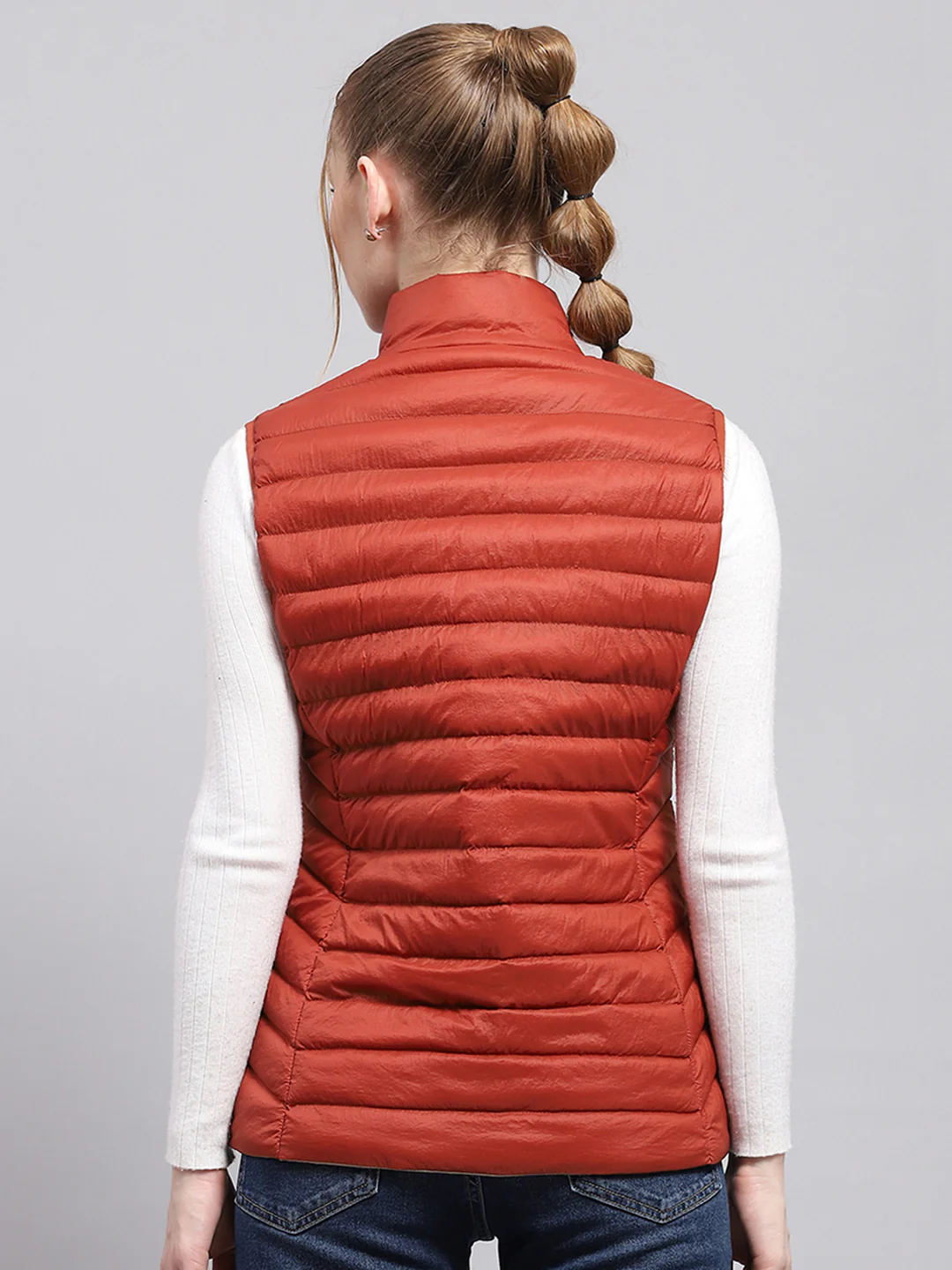 Women Rust Solid Mock Neck Sleeveless Jacket - Image 5