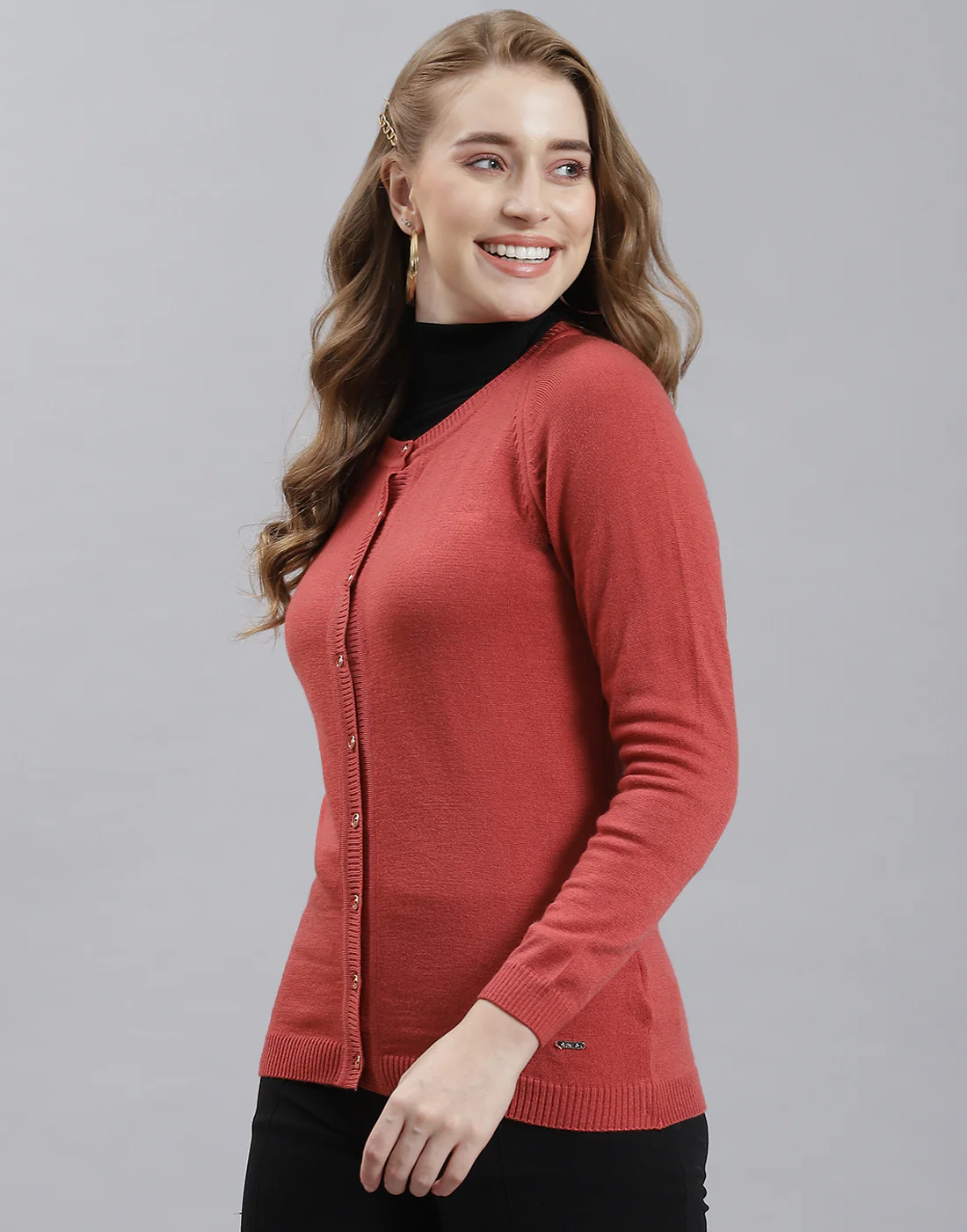 Women Rust Solid Round Neck Full Sleeve Cardigan - Image 3