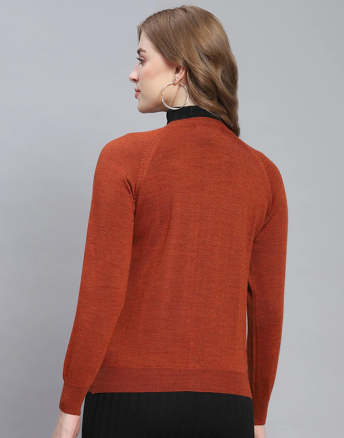 Women Rust Solid Round Neck Full Sleeve Cardigan - Image 5