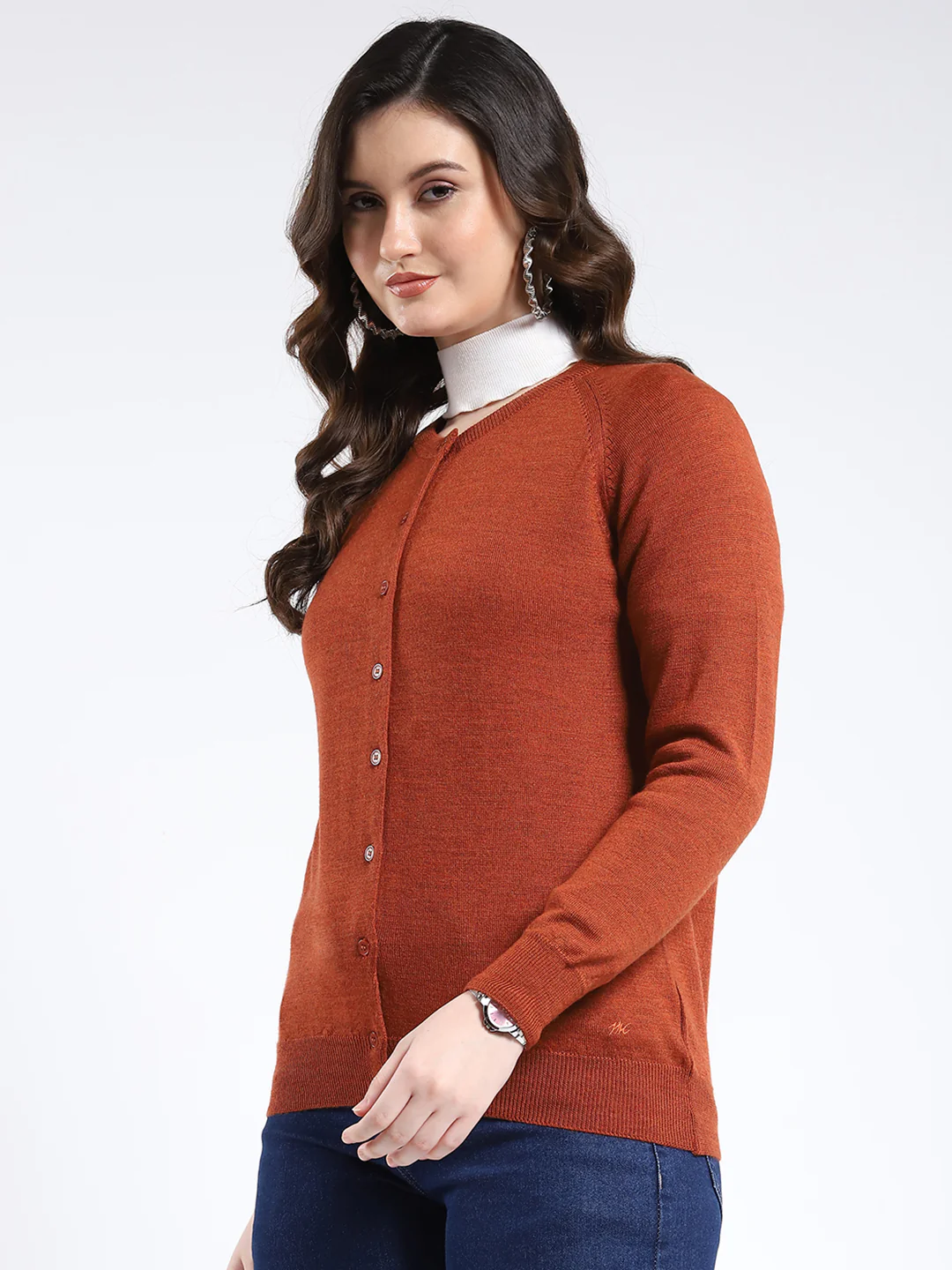 Women Rust Solid Round Neck Full Sleeve Cardigan - Image 3