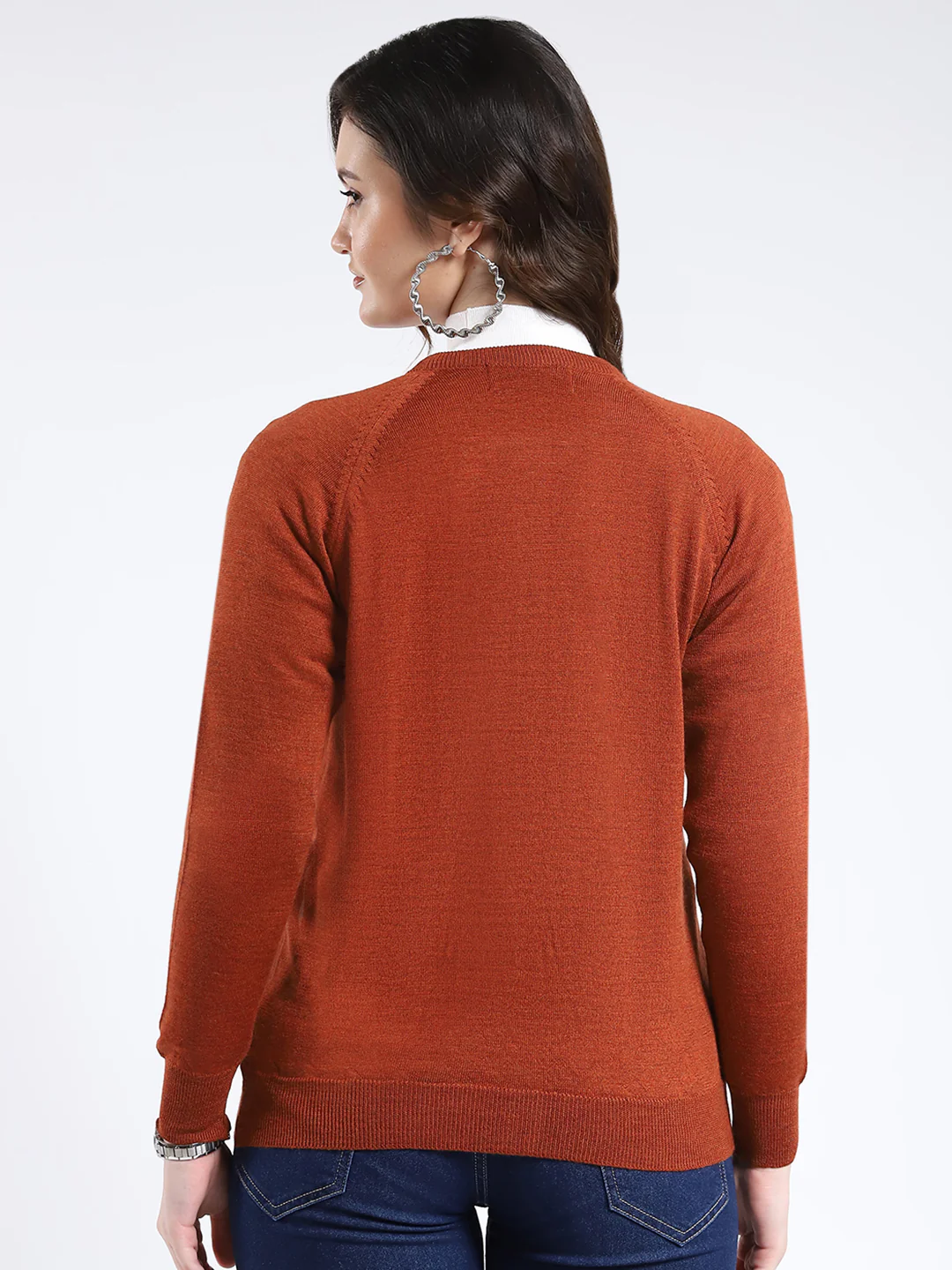 Women Rust Solid Round Neck Full Sleeve Cardigan - Image 5