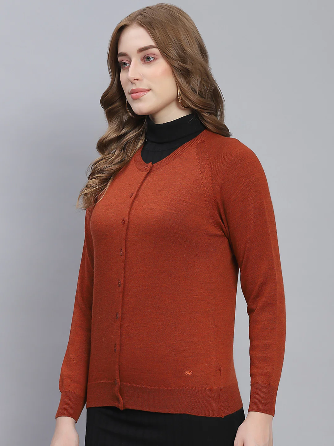 Women Rust Solid Round Neck Full Sleeve Cardigans - Image 3