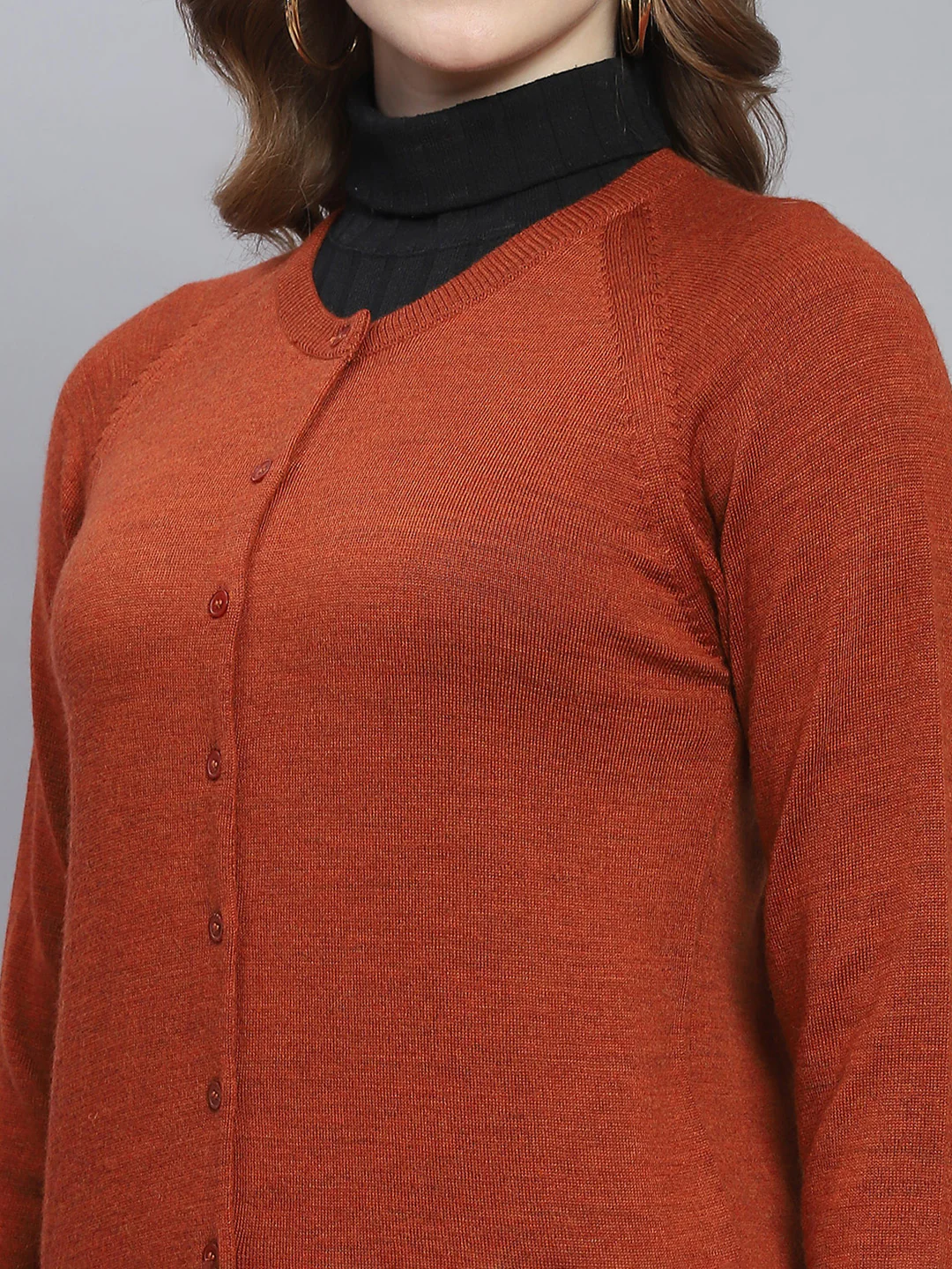 Women Rust Solid Round Neck Full Sleeve Cardigans - Image 6