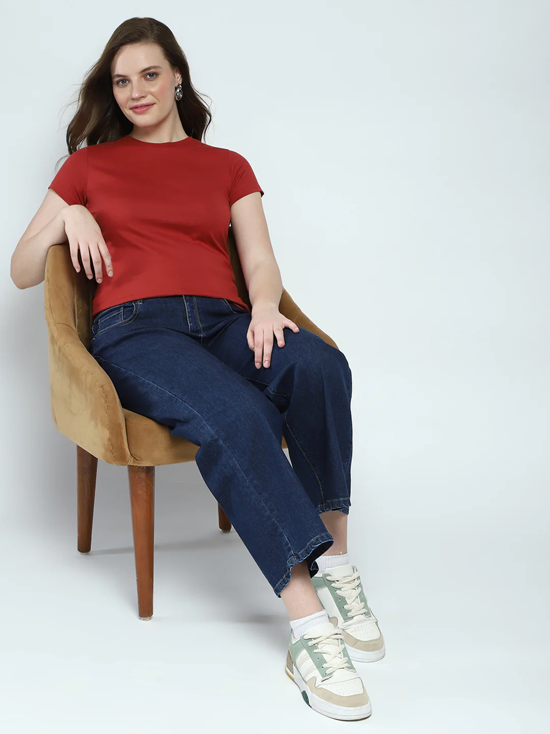 Women Rust Solid Round Neck Half Sleeve Top - Image 2