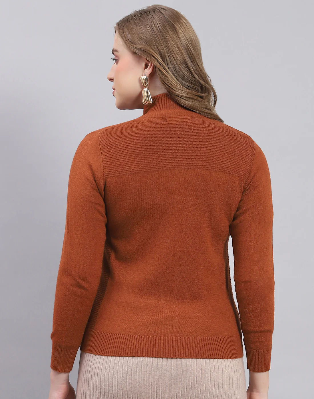 Women Rust Solid Stand Collar Full Sleeve Cardigan - Image 5